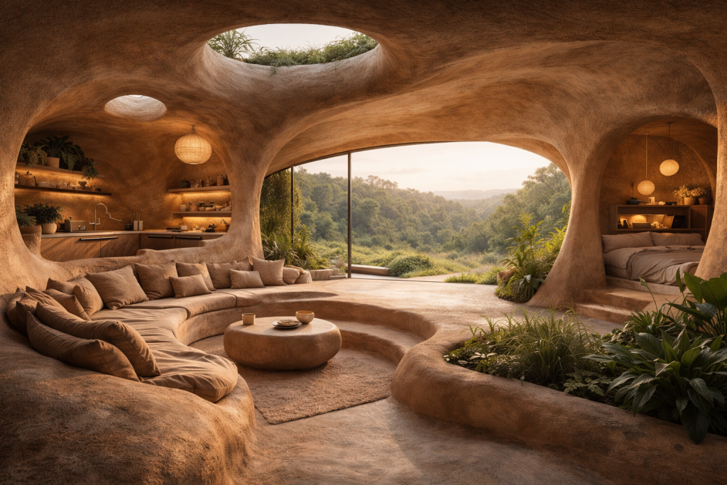 Organisch geformter Innenraum eines Hauses aus Lehm mit fließenden Formen, integrierten Sitzflächen, Pflanzen im Boden und großer Panoramascheibe mit Blick in die Natur.“