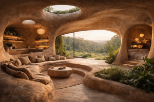 Organisch geformter Innenraum eines Hauses aus Lehm mit fließenden Formen, integrierten Sitzflächen, Pflanzen im Boden und großer Panoramascheibe mit Blick in die Natur.“